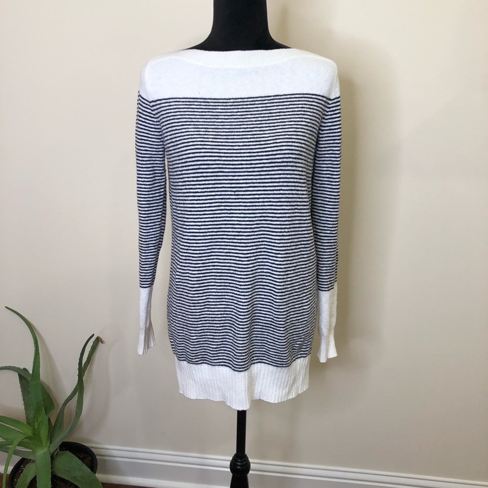 Ann Taylor LOFT Wool Blend White Black Stripe Sweater Tunic Small